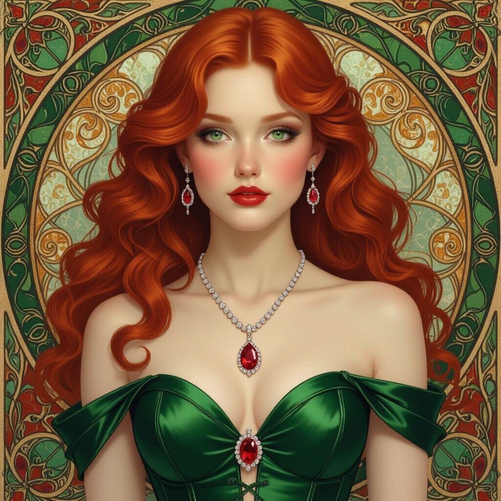 Elegant Ruby Haired Girl Portrait in Art Nouveau Style