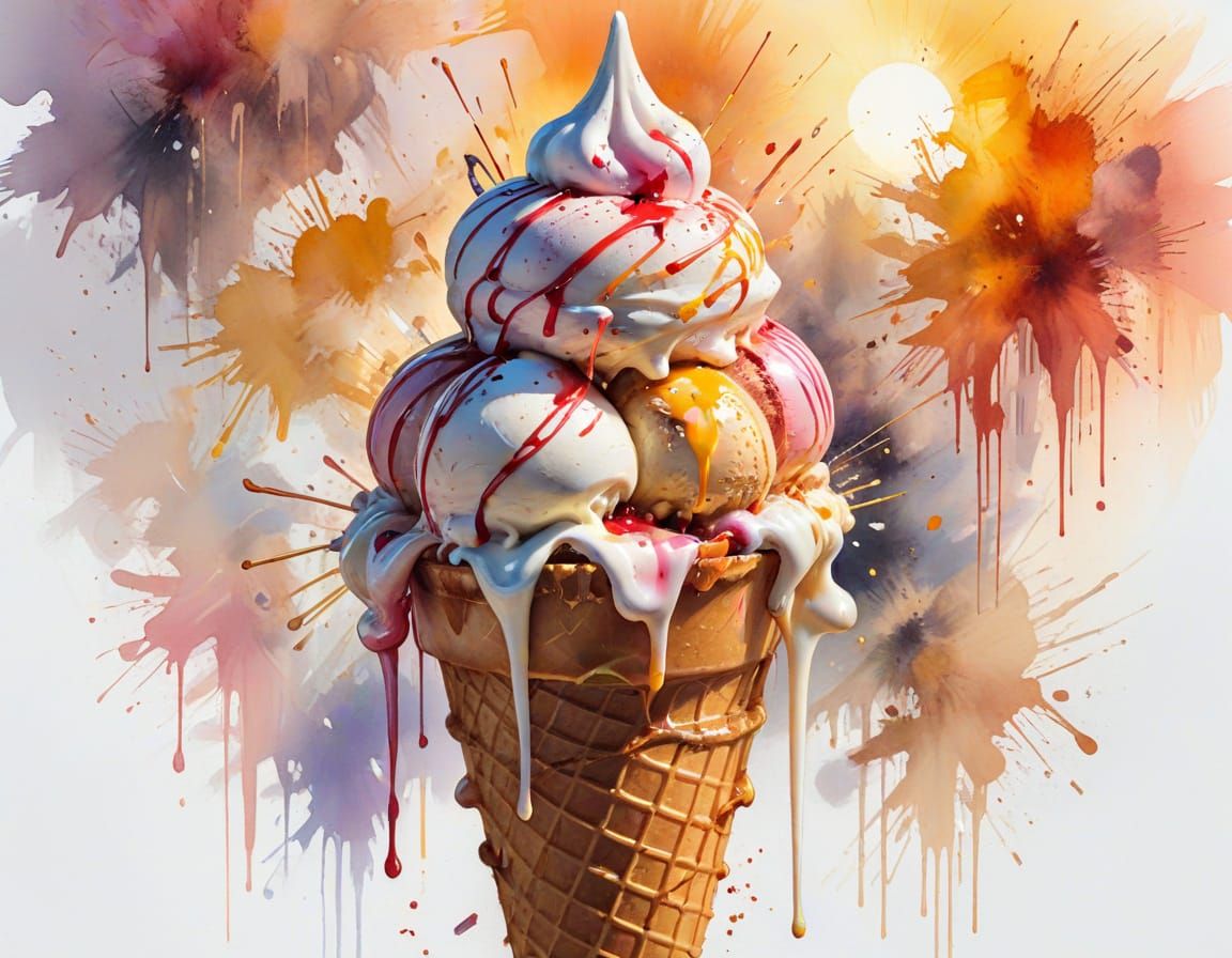 Melting Ice Cream Cone: Shimmering Watercolor Sunset