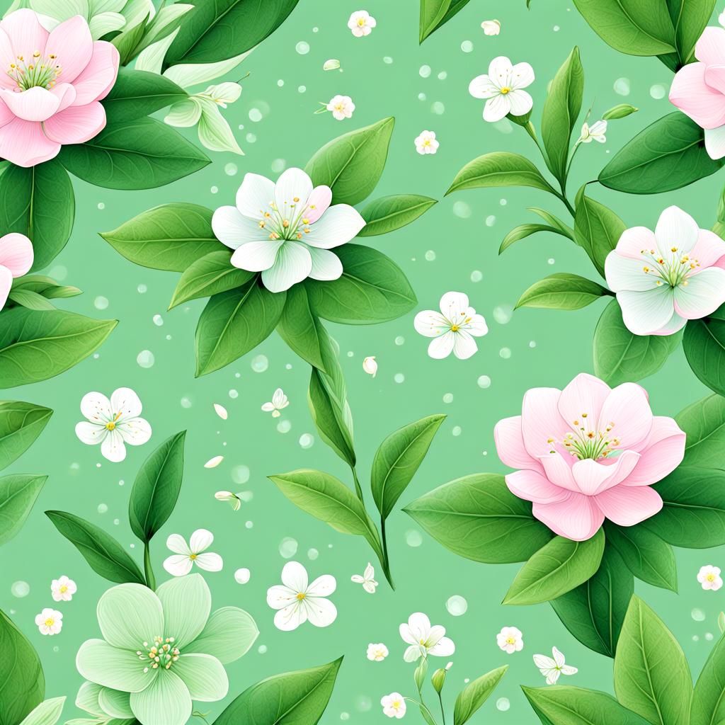 Green Tea Leaves and Delicate Flowers in Bloom