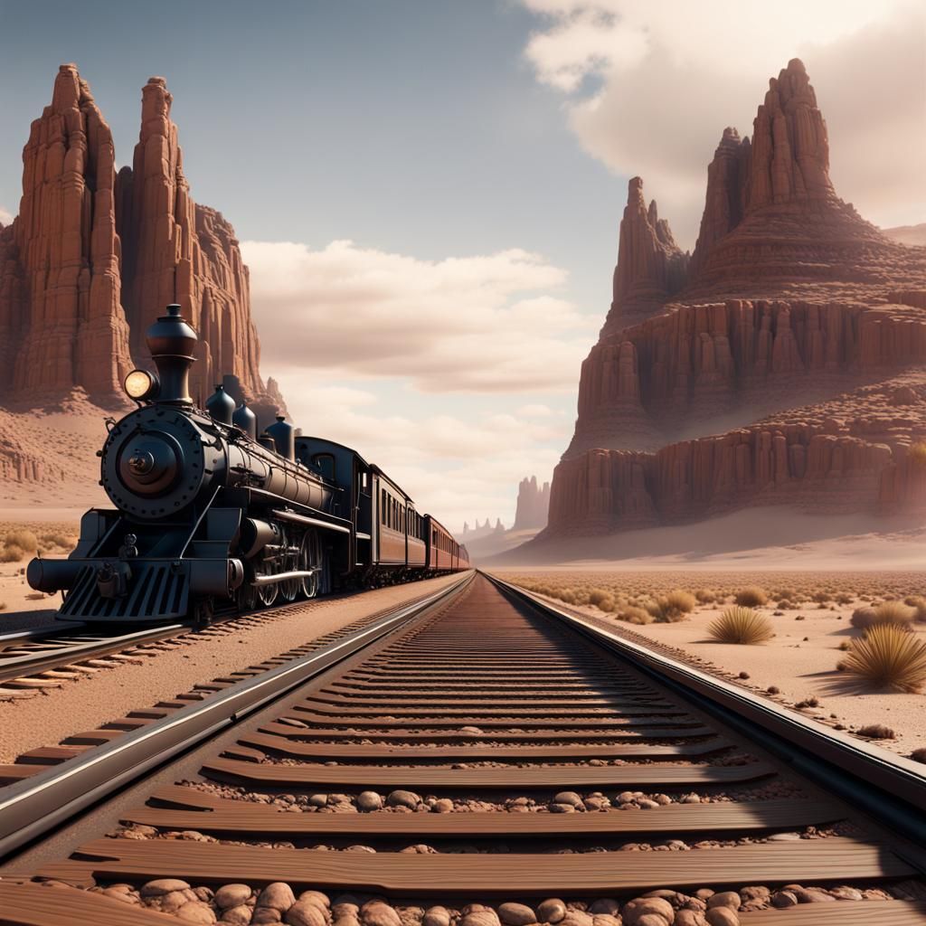 19th Century Train in Desert Landscape, Detailed Digital Pai...