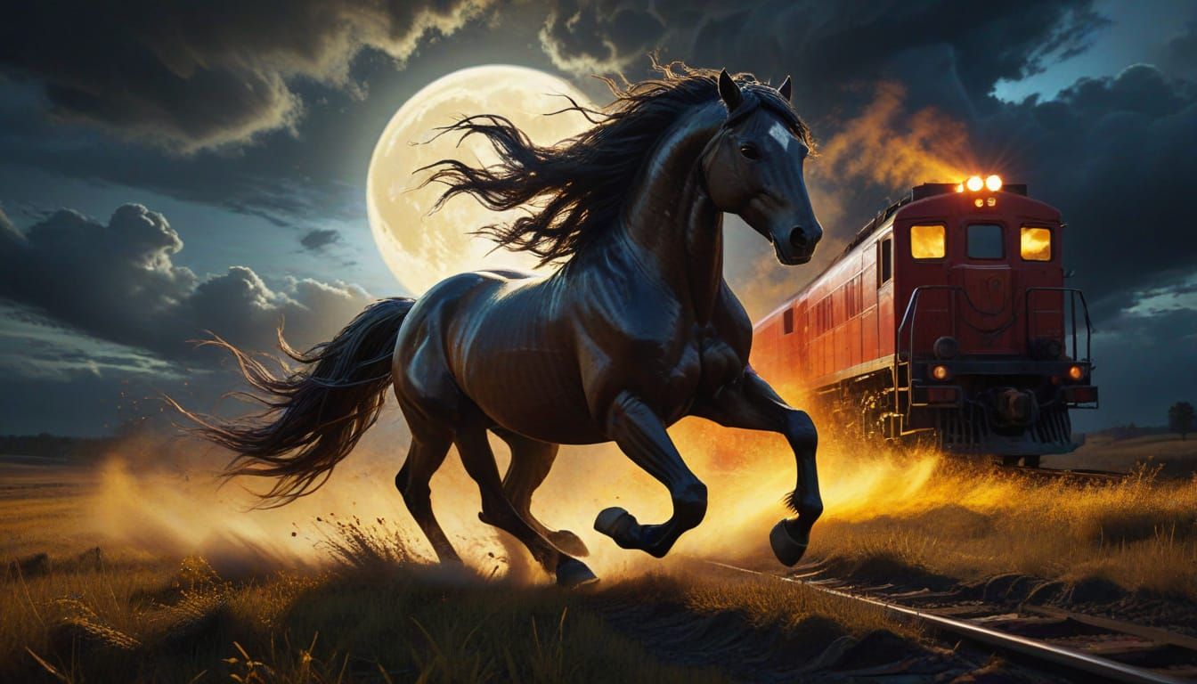 Horse Rushing Toward Train in Vibrant Oil Painting