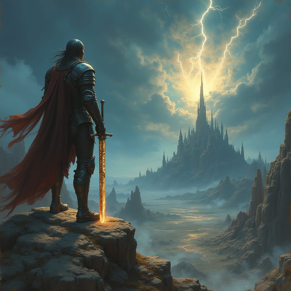 Gothic Warrior Stands Vigilant Amidst Ruins in Dark Fantasy ...