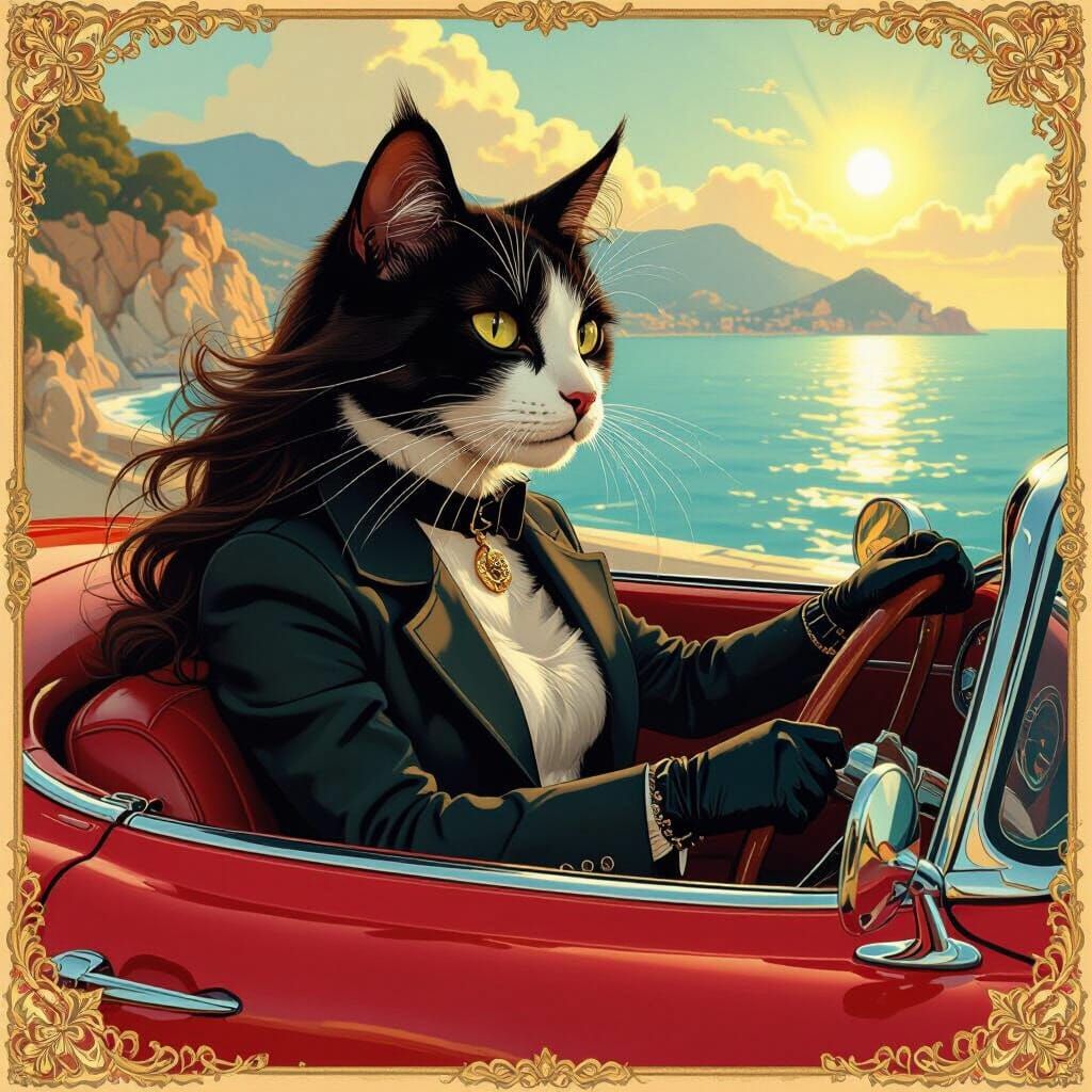 Cat Drives Maserati on the Cote D'Azur in Art Nouveau Style