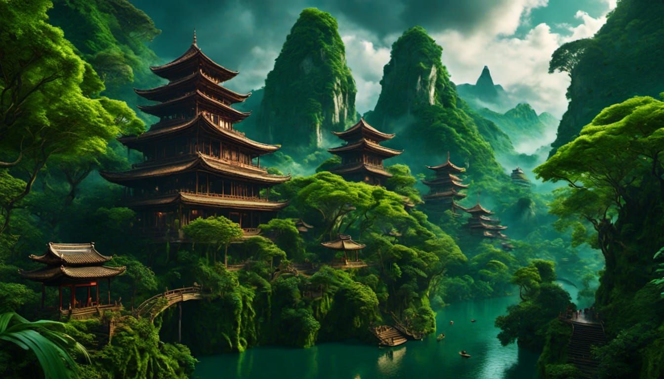 Pagoda on Lush Hillside in Japonisme Style