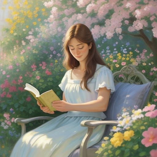 Woman Reading in Garden: Impressionist Oil Painting