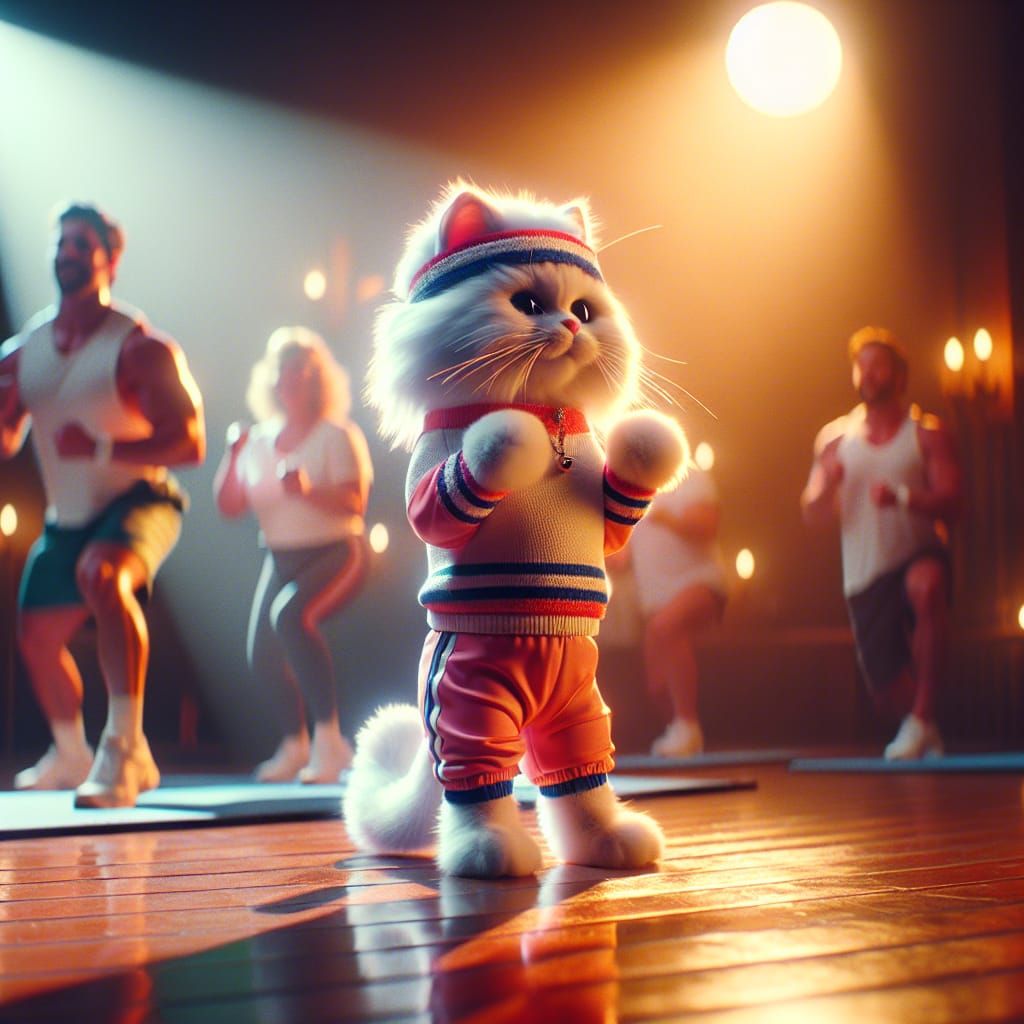 White Cat Leads Aerobics Class in 80s Style