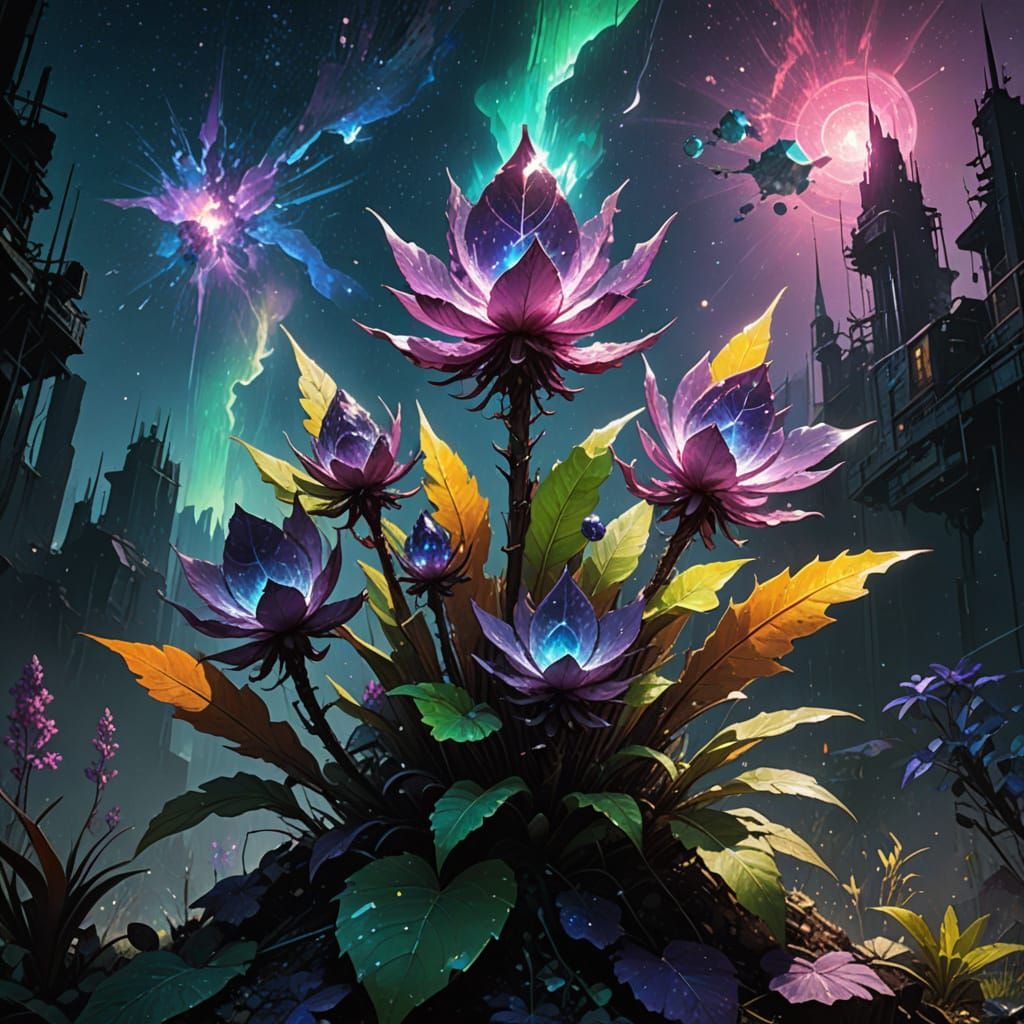 Vibrant Magical Plant Shines Under Starry Night Sky