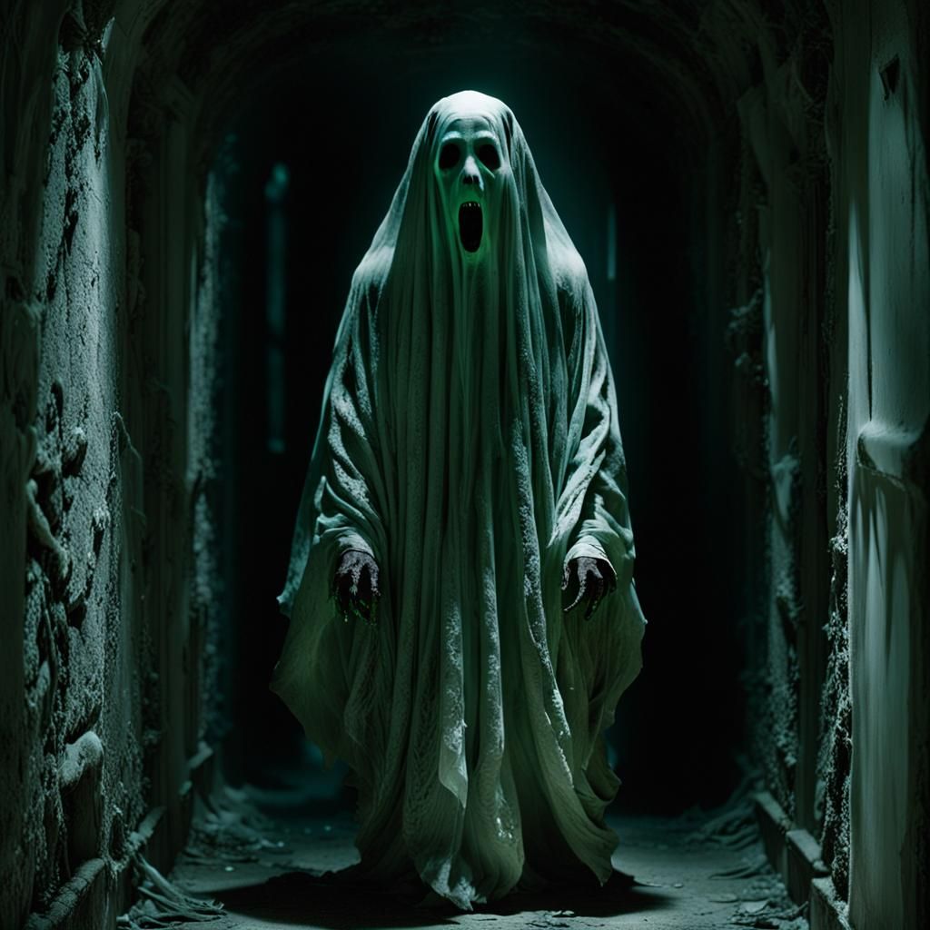 Grotesque Ghost in Decaying Hallway: Cinematic Horror