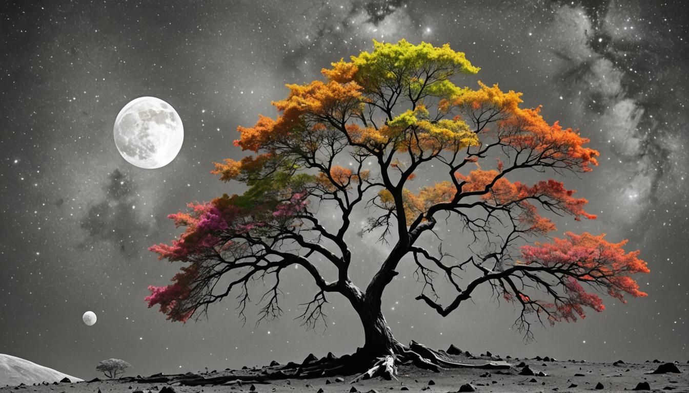 Lush Colorful Tree Growing on the Moon