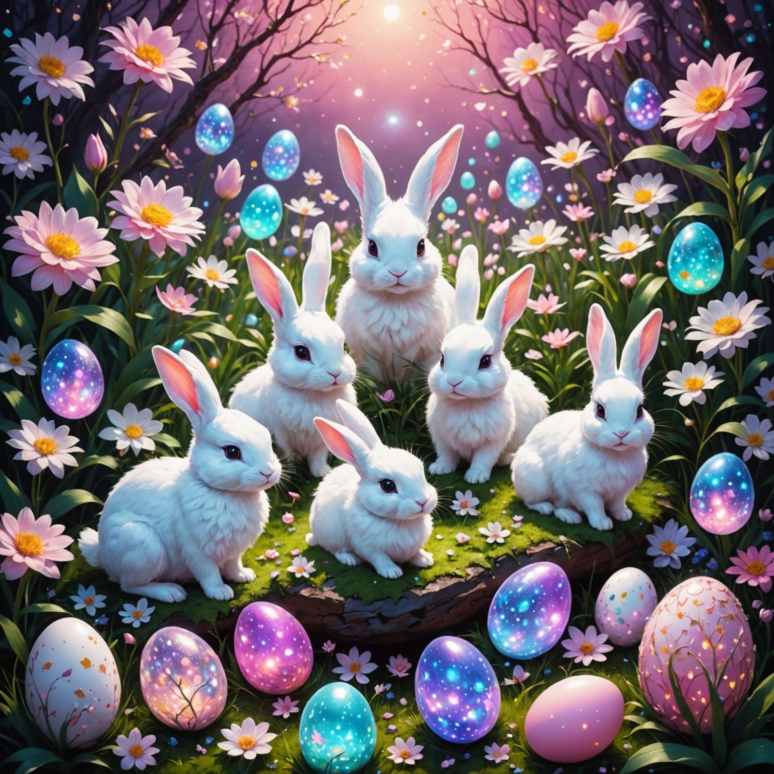Whimsical Easter Bunnies in a Fantastical Floral Setting