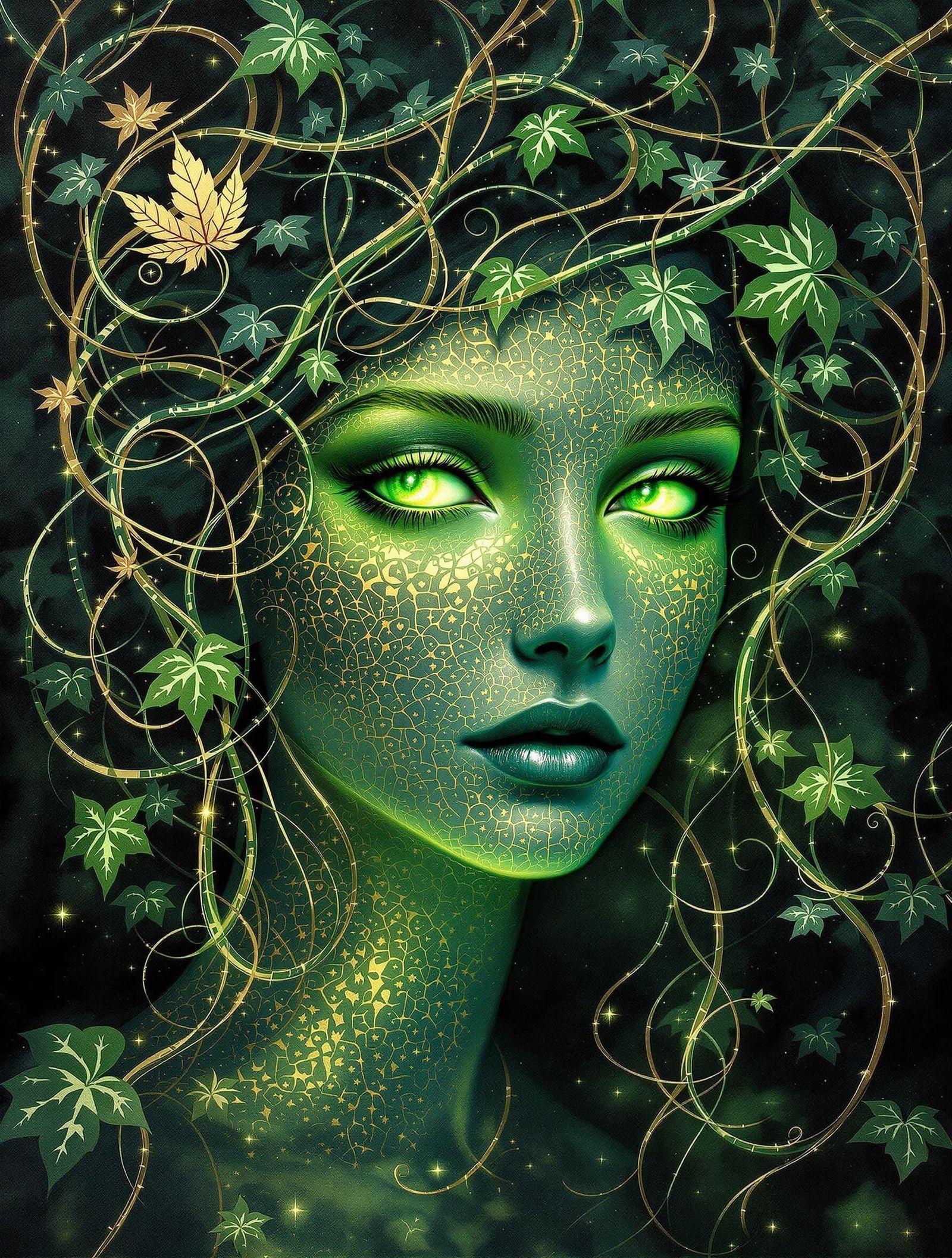 Mystical Figure in Art Nouveau Oil Painting with Gold Leaf A...