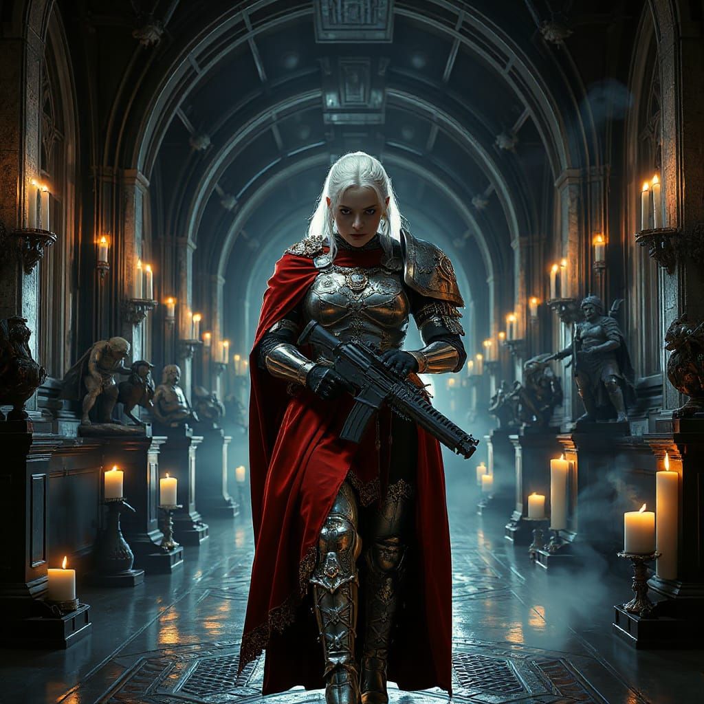 Woman Lord Inquisitor in Gothic Shrine Corridor