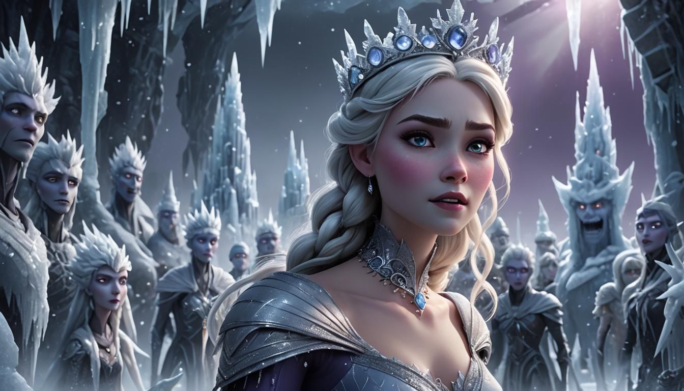 A version of the snow queen wreathed in frost mist, icicle t...