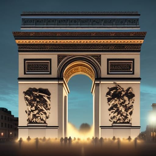 The Arc de Triomphe lit up at night head and shoulders portr...