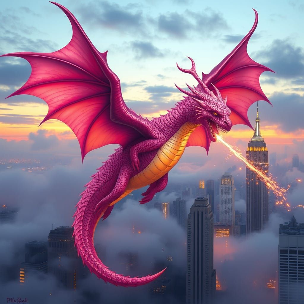 Majestic Pink Dragon Soars Over NYC Skyline