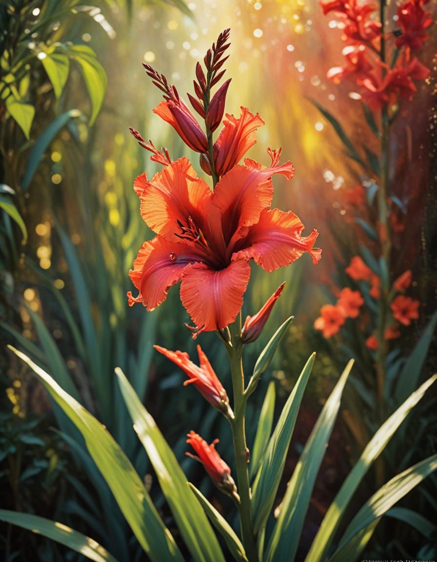 Vibrant Red Gladiola Blooms in Abstract Garden