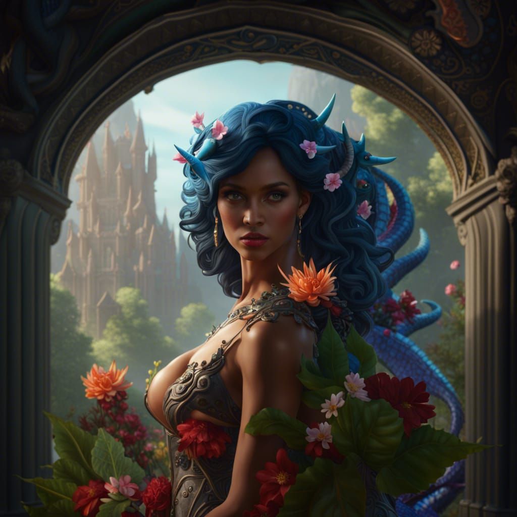 Fantasy Art: Voluptuous Woman with Dragons and Flowers