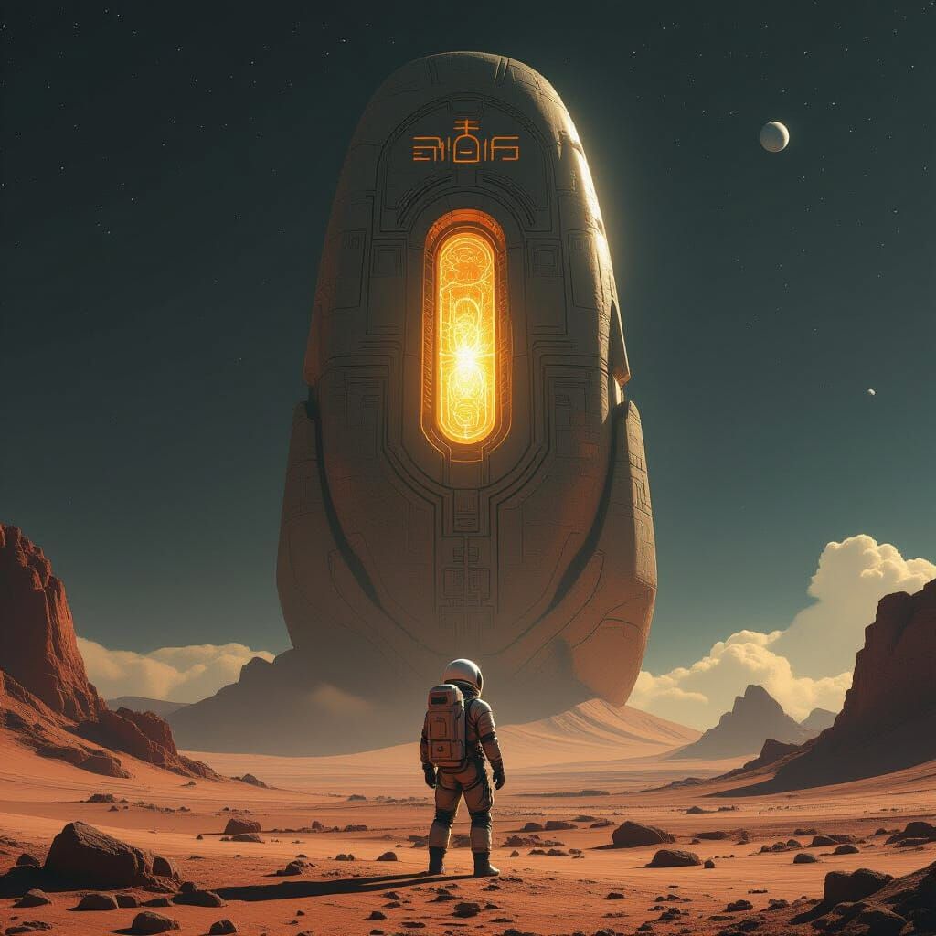 Astronaut Explores Colossal Alien Artifact on Desolate Plane...