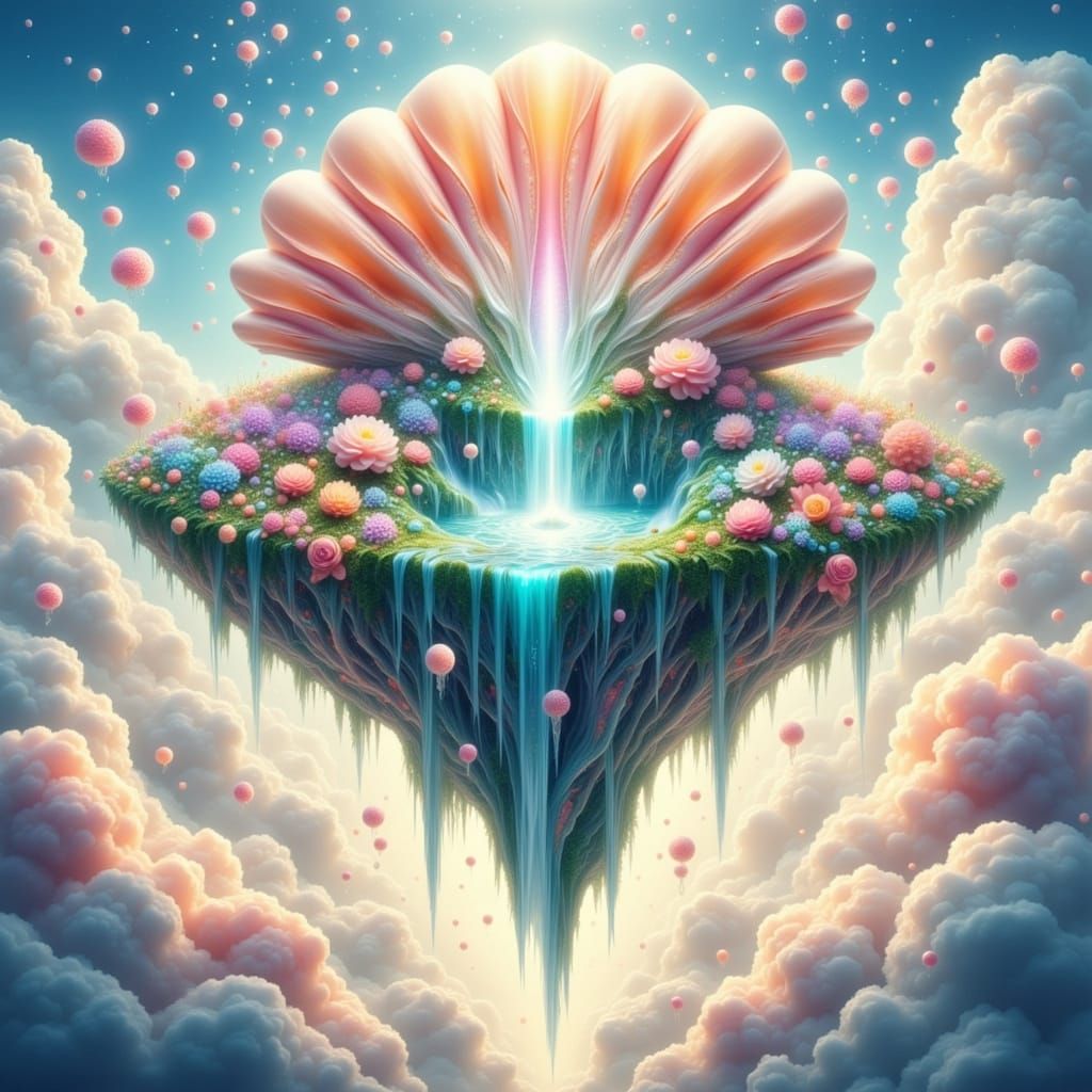 Crystal Seashell Island Adorned with Flowers and Fairies