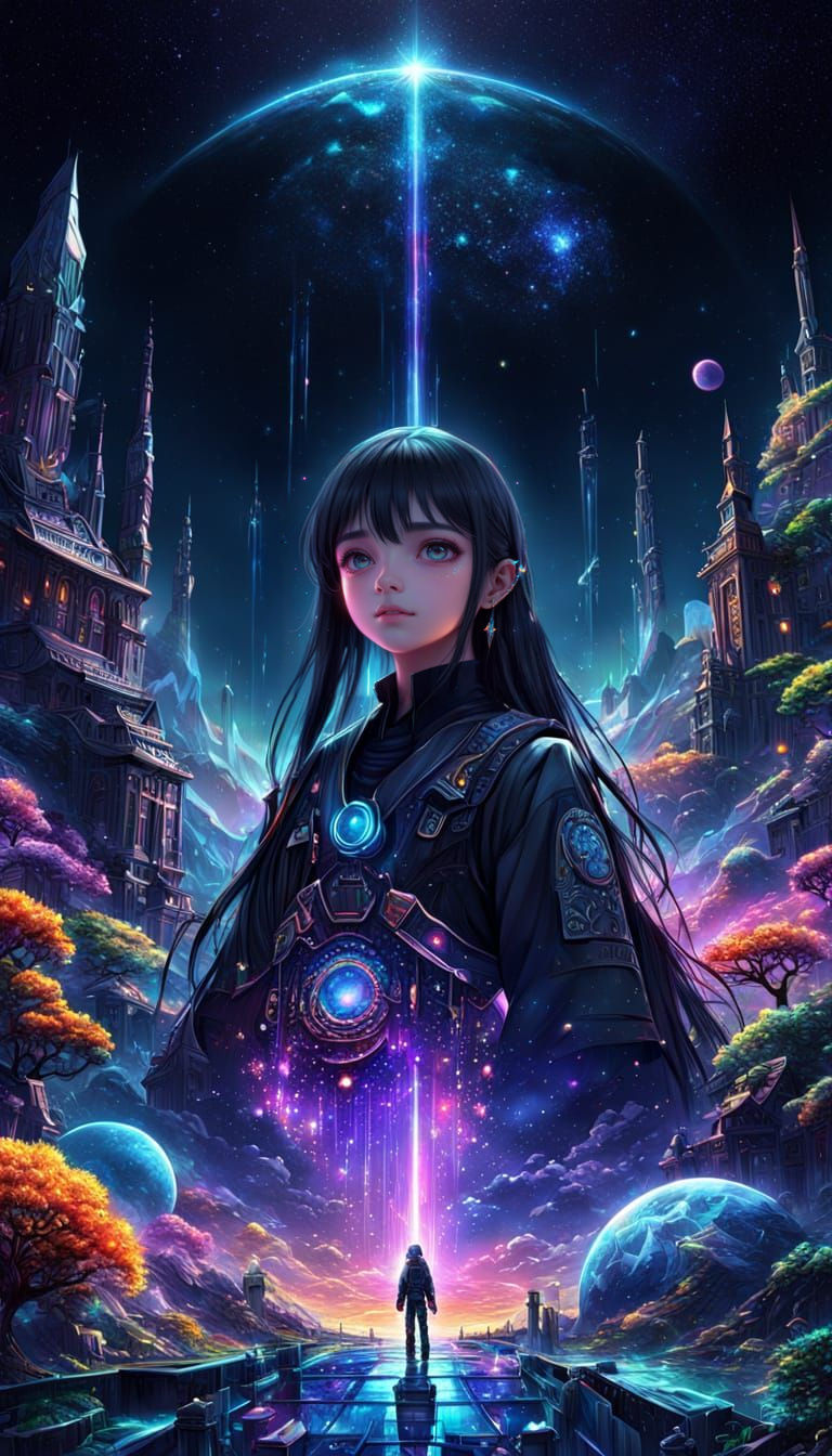 Holographic Cosmic Astral Illustration in Mixed Media