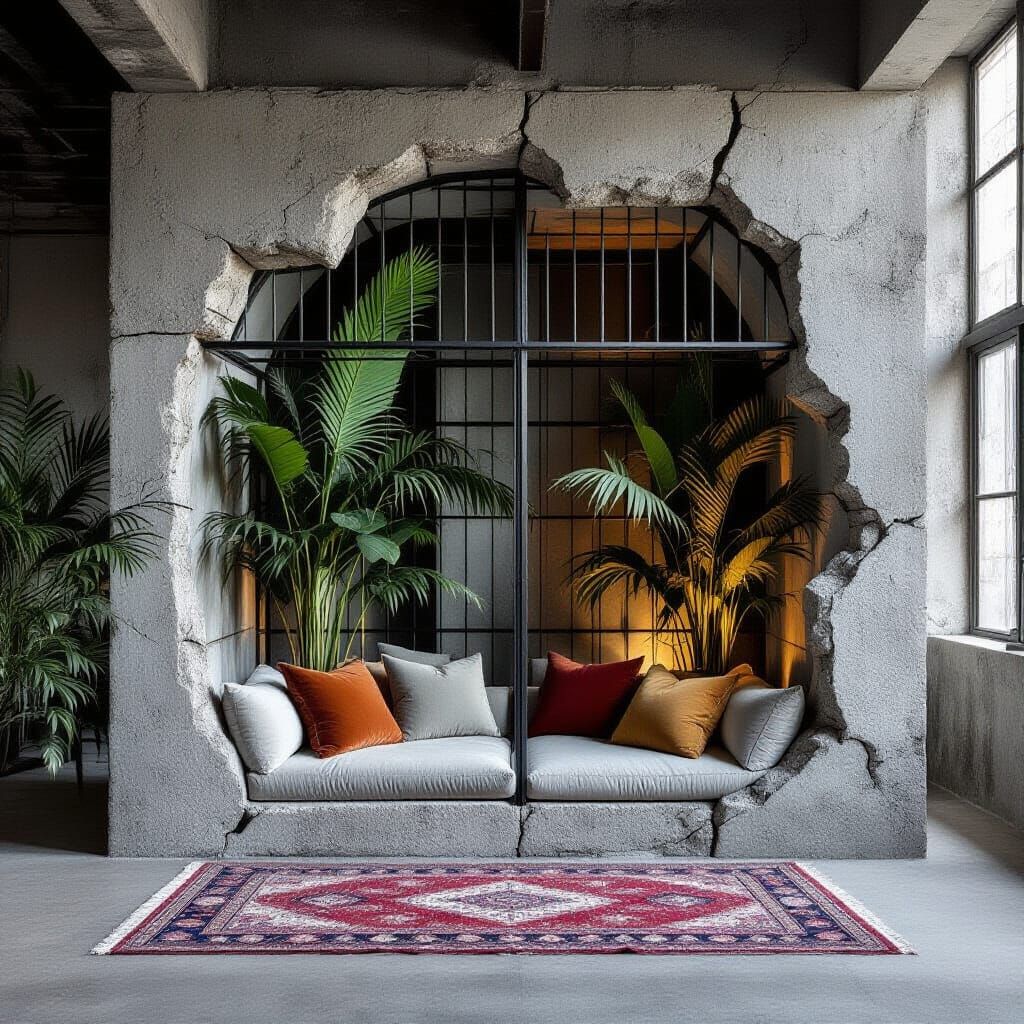 Industrial Bird Cage With Plants in Abandoned Architecture S...