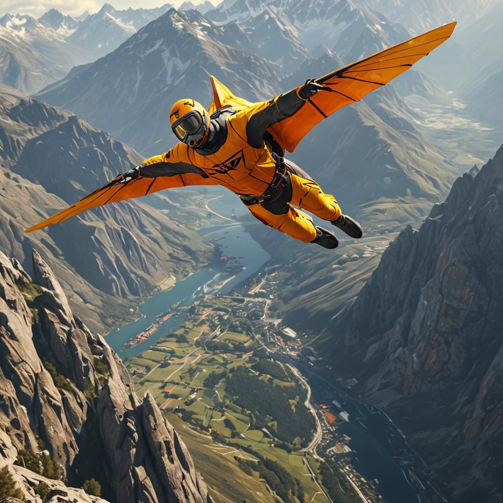 Wingsuit Flyer Soaring in Hyperrealistic Splash Art