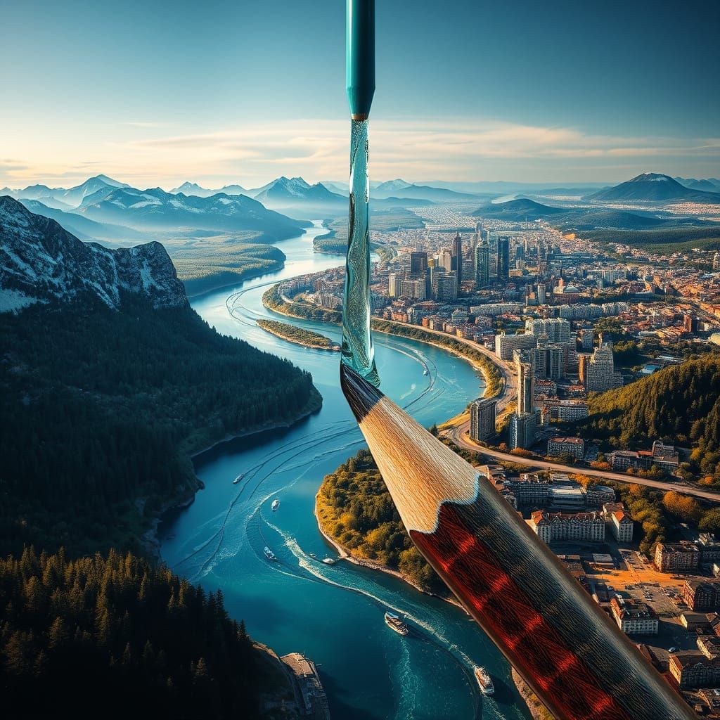 Surreal Pencil Transforms into Rivers and Cities