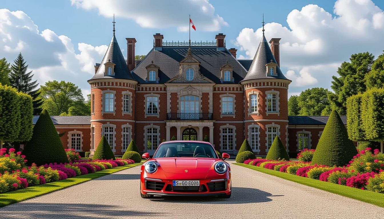 Victorian Chateau with Red Porsche 911 in Garden