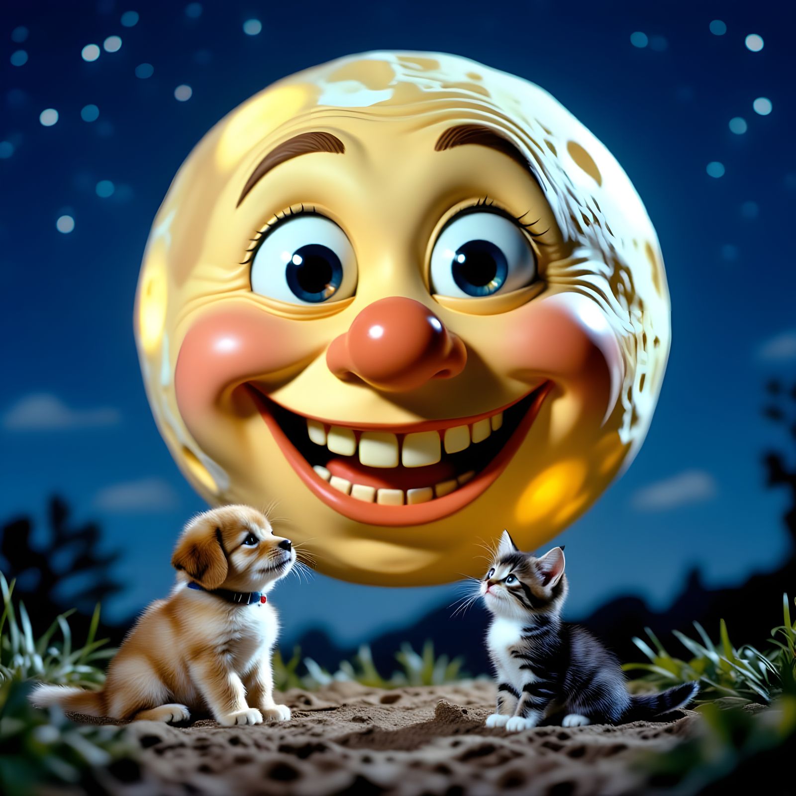 Man in the Moon Grins Over Puppy and Kitten