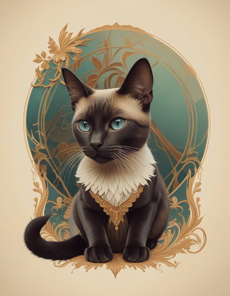 Elegant Siamese Cat Contemplates Owner in Art Deco Scene