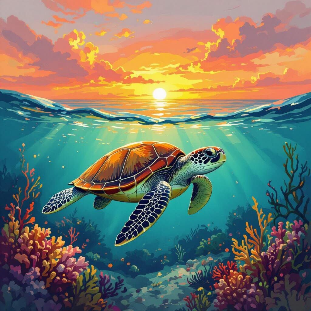 Green Sea Turtle in Impressionist Ocean Sunset