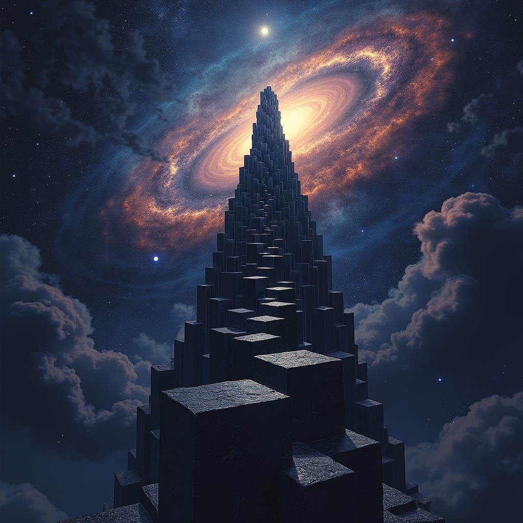 Infinite Cosmic Tower Built With Luminous Blocks