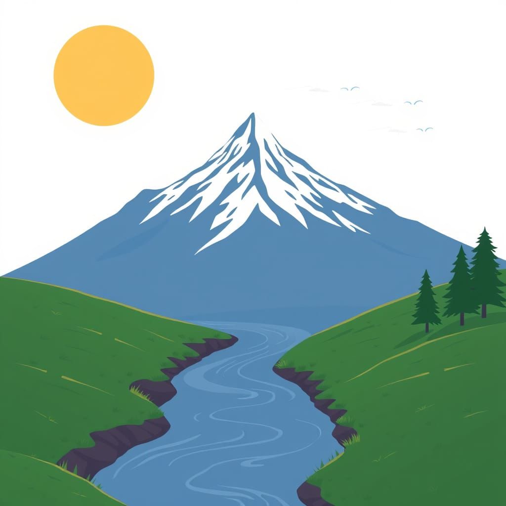 Vector Landscape: Sun, Mountain, River, and Trees