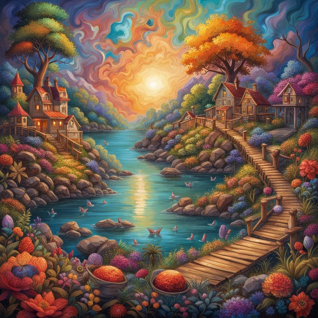 Idyllic Riverside Town in Oil Painting Style