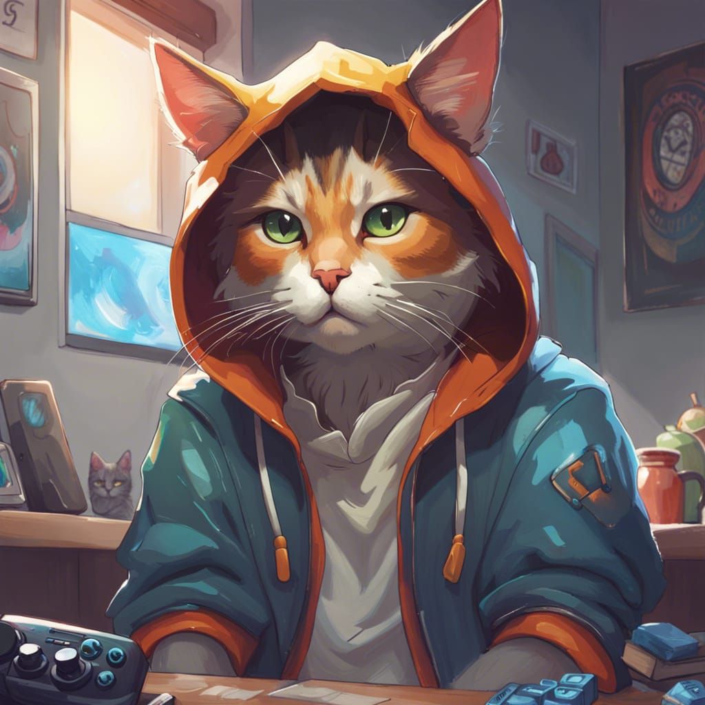 Cat Gamer Portrait in Hyperdetailed Style