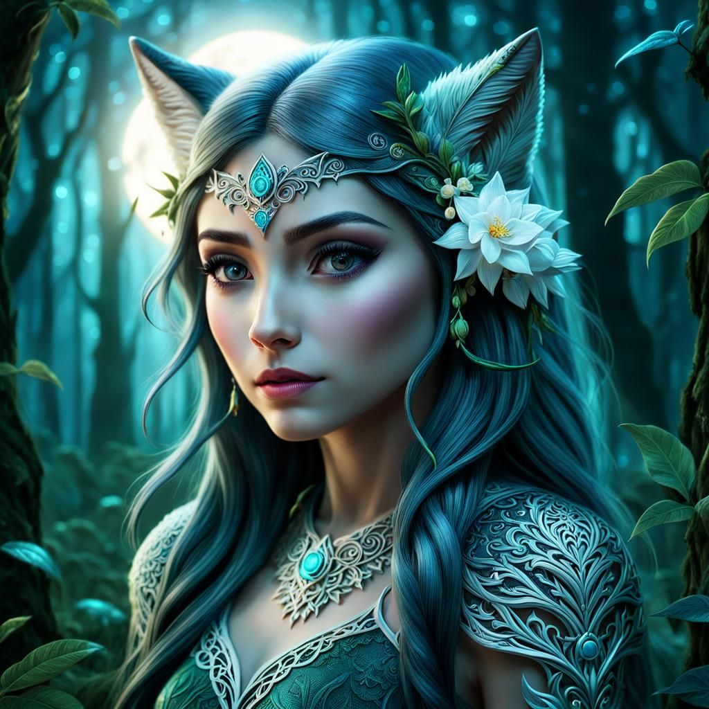 Tattooed Elf in Moonlit Forest with Wolf