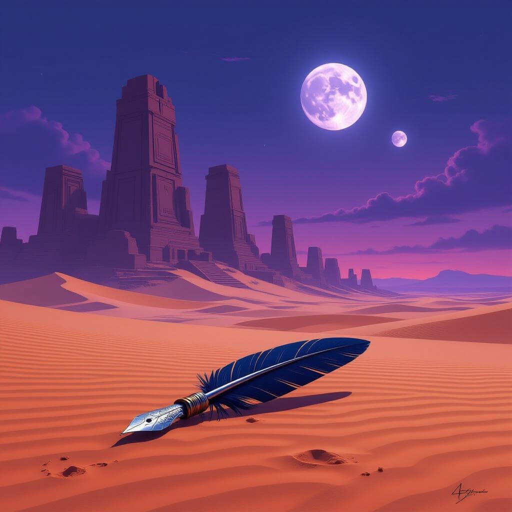 Quill Pen Amidst Ancient Desert Ruins Under Twilight Sky
