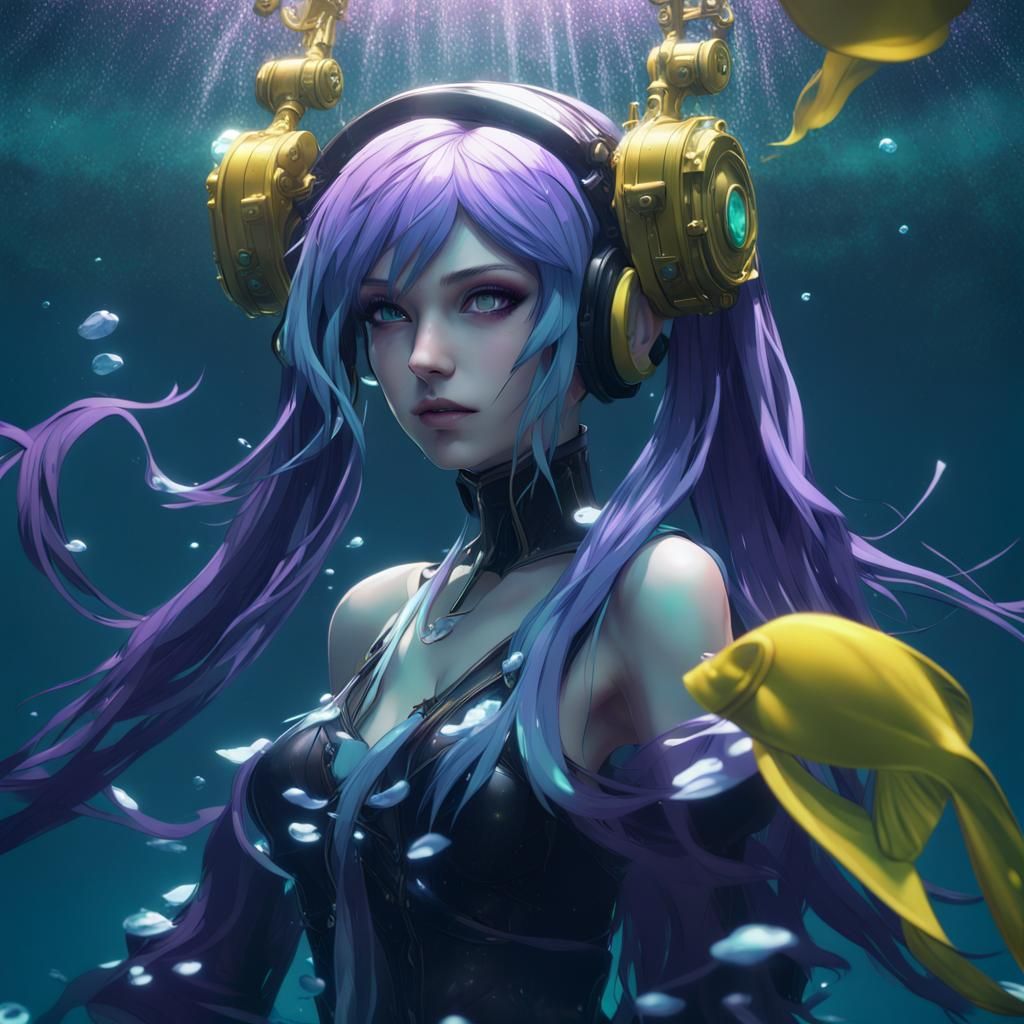 Hatsune Miku in Dark Fantasy Underwater Scene