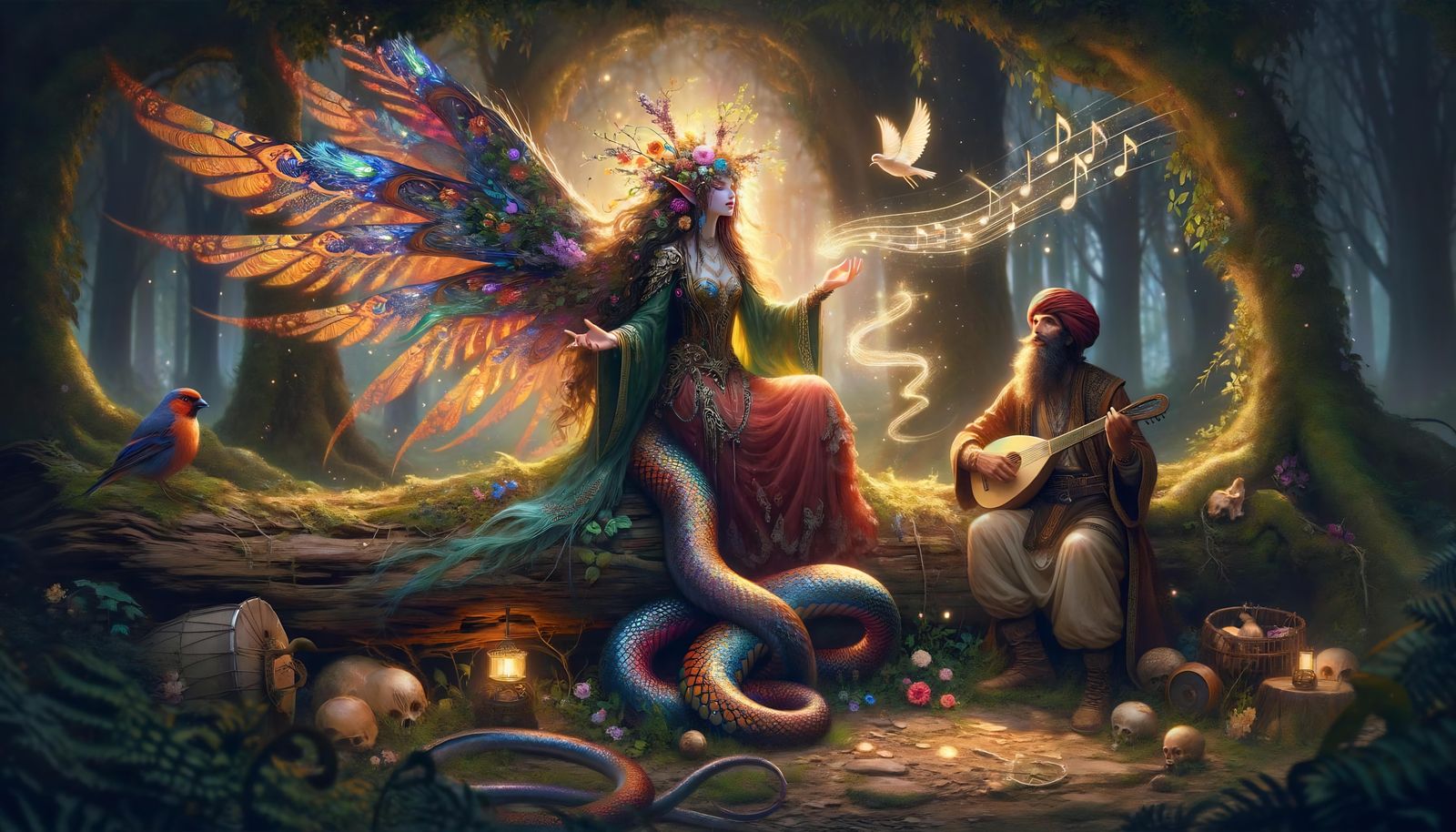 Lillend and Bard in Sun-Dappled Forest Glade