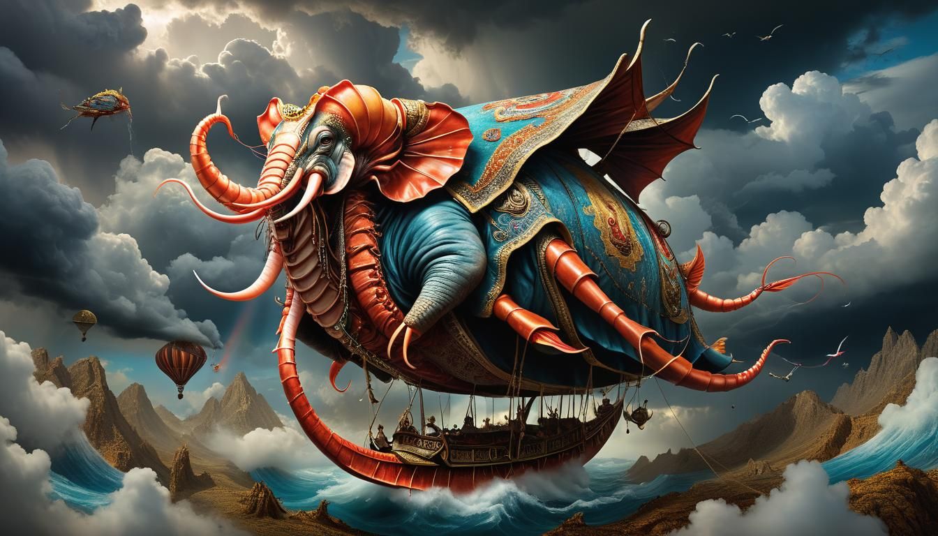Surreal Flying Elephant Shrimp on Magic Carpet