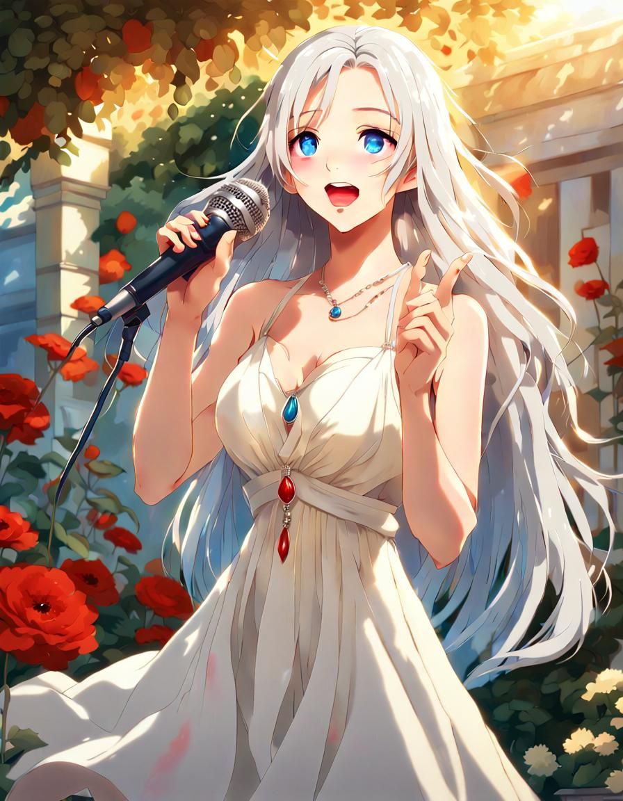 Anime Woman Singing in Sunlit Garden