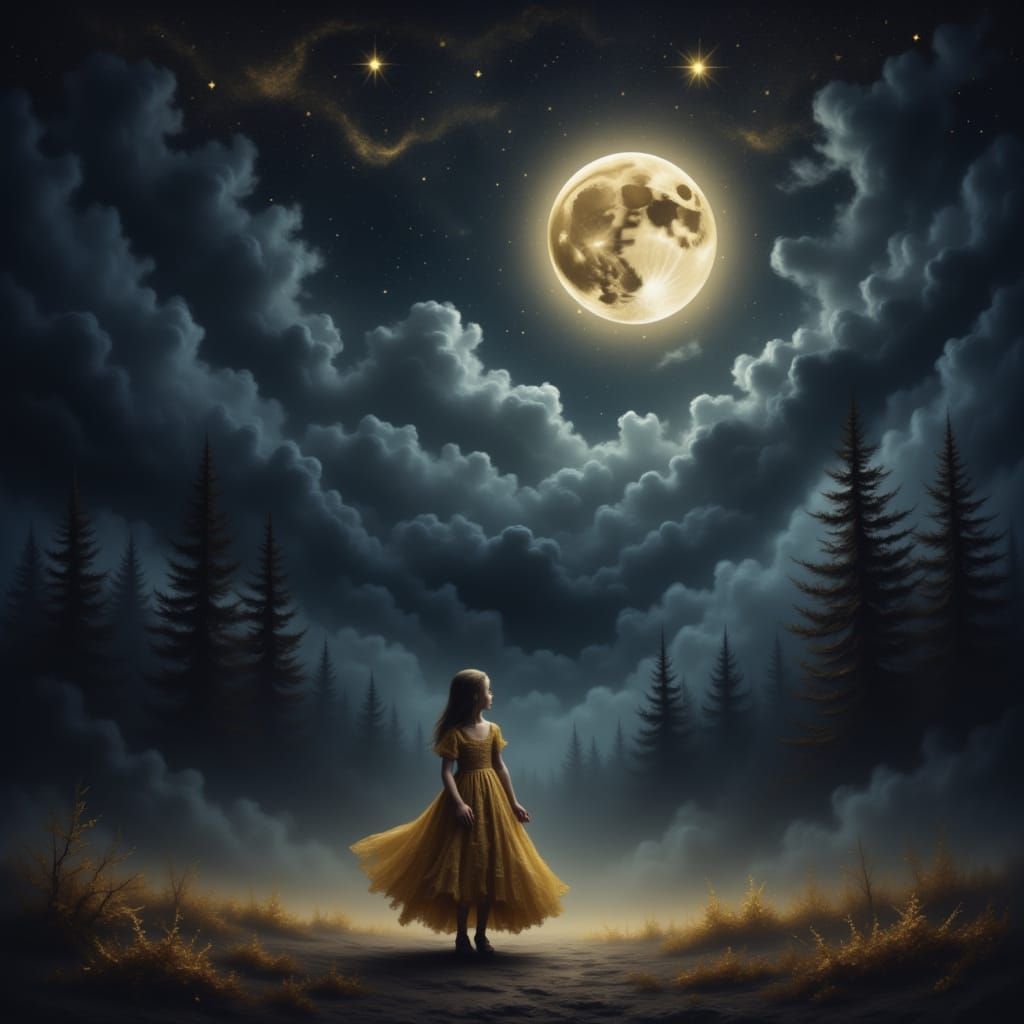 Child in Golden Gown Amidst Ominous Starry Night