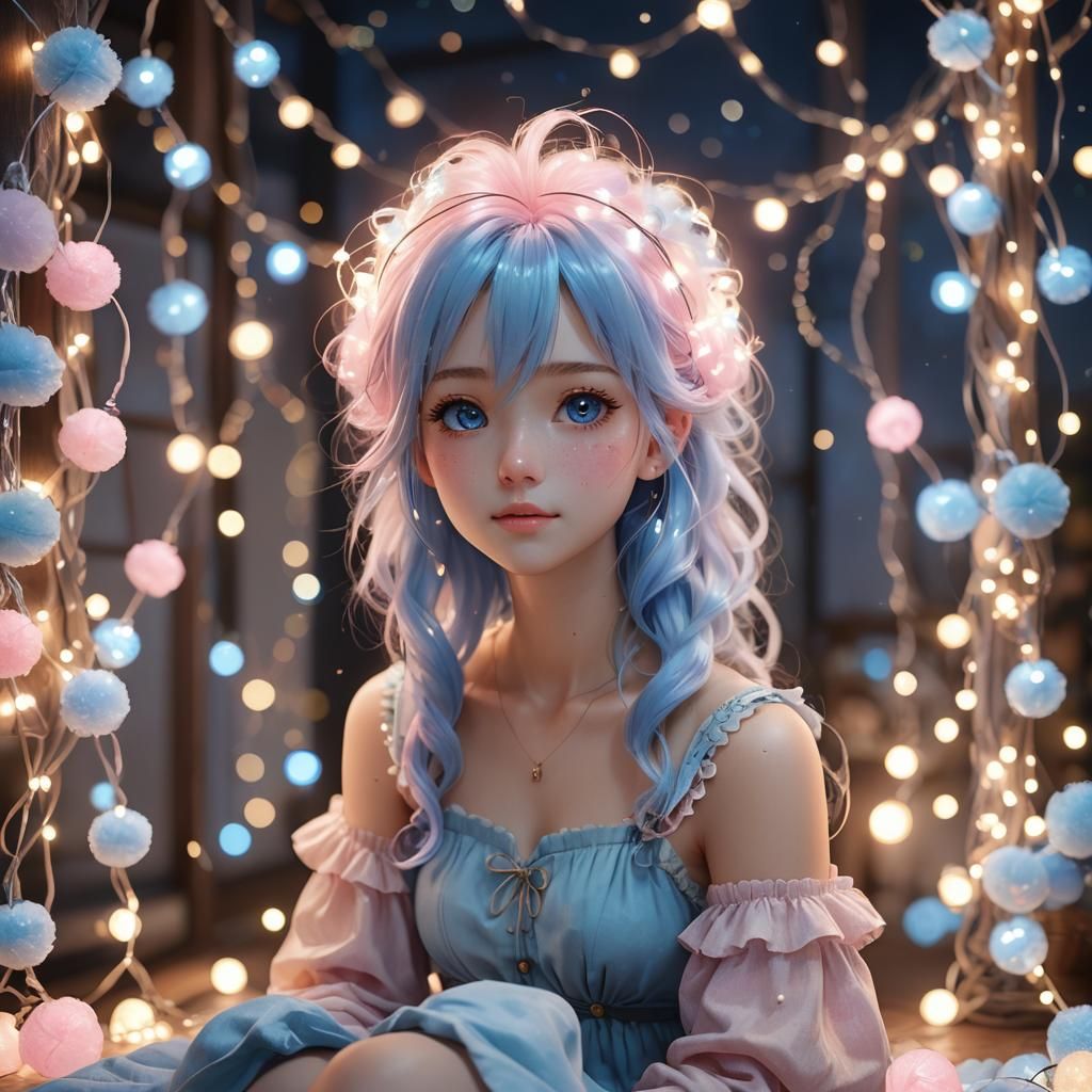 Anime Girl with Cotton Candy Hair in 3D