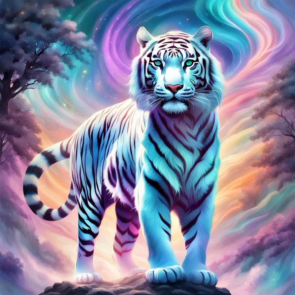 Cloudy White Tiger in Cosmic Mixed Media