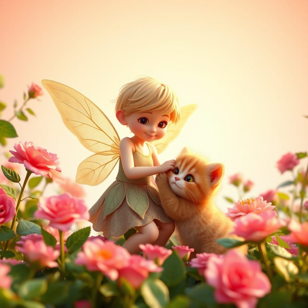 Fairy and Kitten in Rose Garden, Whimsical Illustration
