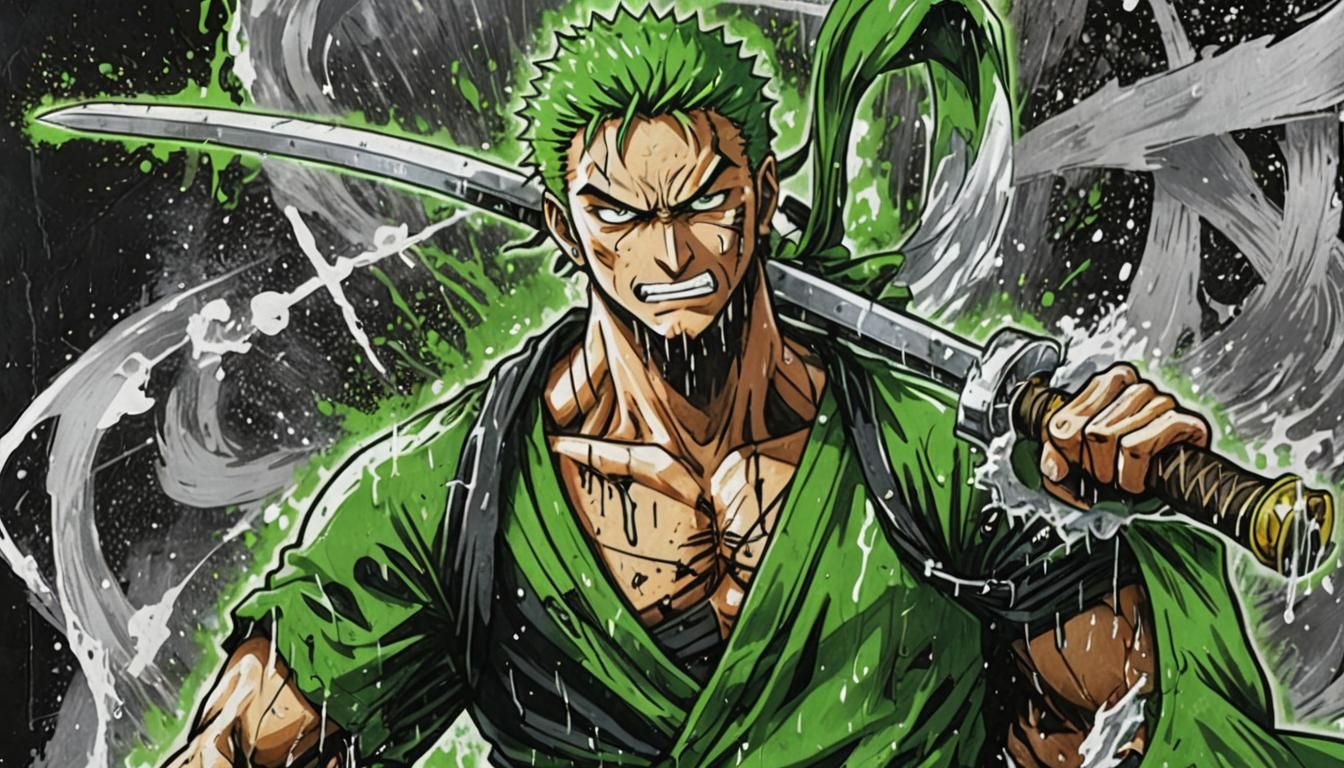 Zoro Battle Stance in Vibrant Graffiti Art