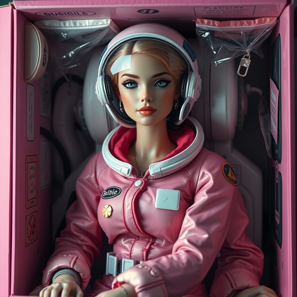 Barbie-like Astronaut in Collectible Box, Photorealistic