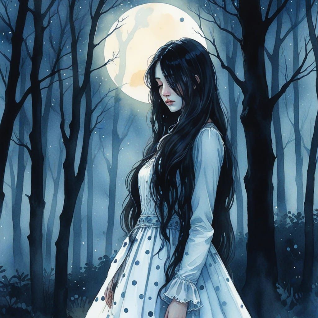 Mysterious Woman in Moonlit Forest, Watercolor Painting