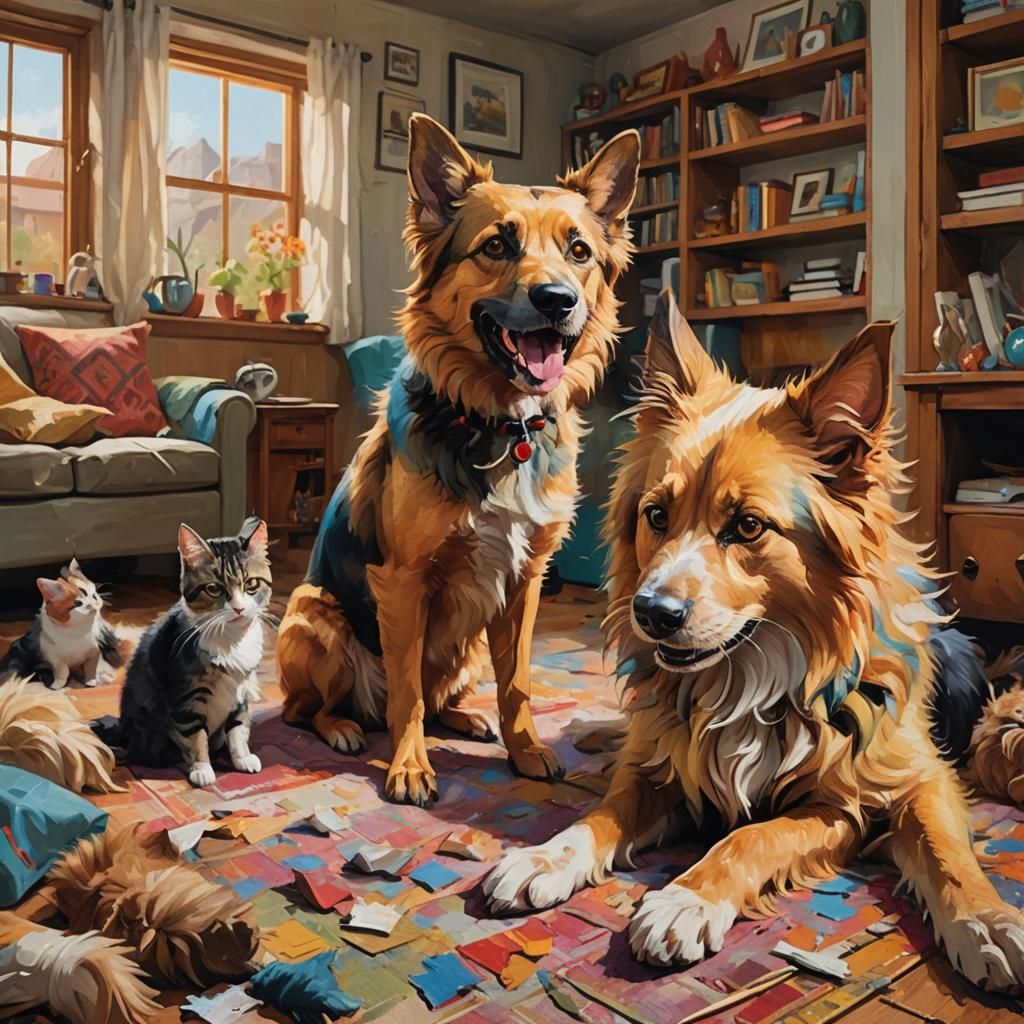 Comedic Dog and Cat Moment as Oil Painting