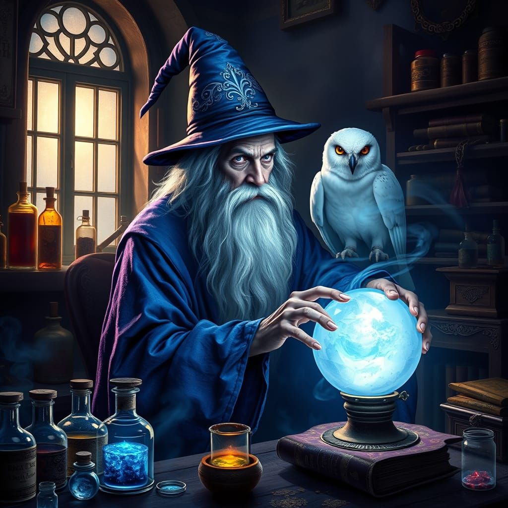 Mystical Wizard Contemplates Ancient Secrets